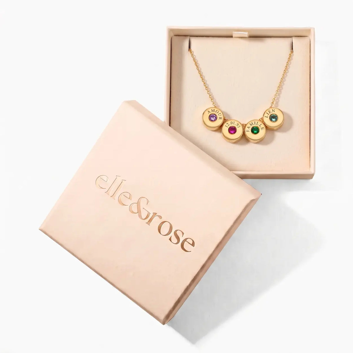 Collier Présence — Pierres de naissance et prénoms gravés